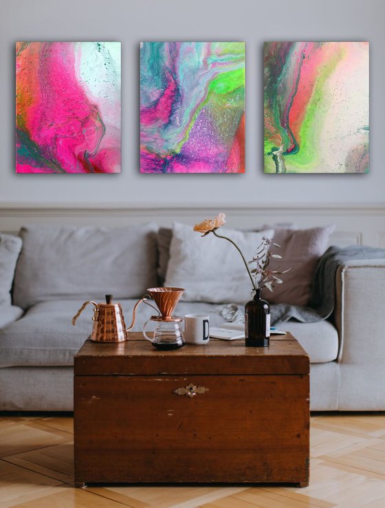 "Menage A Trois" - FREE USA SHIPPING - Original Triptych, Abstract PMS Acrylic Paintings Series - 48" x 20"