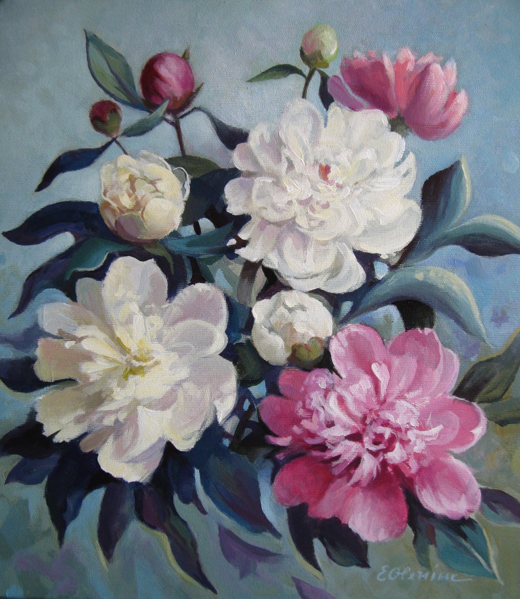 Impressionistic Botanical Acrylic Painting By Elena Oleniuc, 14 X 16, Peonies, Original Artwork