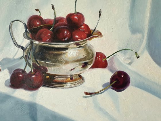 "Cherry flavor. "  still life summer plant cherries red  liGHt original painting  GIFT (2021))