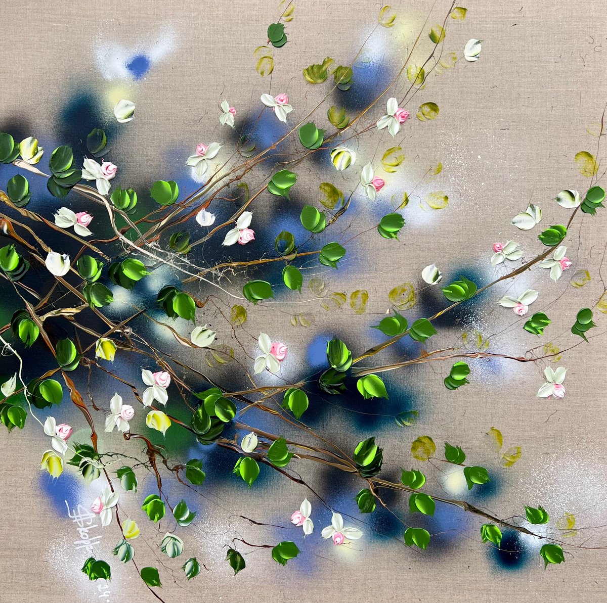 Expressive Botanical Acrylic Painting By Anastassia Skopp, 31 X 31, Whispers Of Morning Roses, Original Artwork