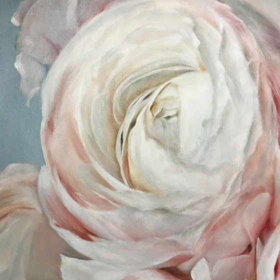 Square oil painting with light Ranunculus "Awakening" 80 * 80 cm