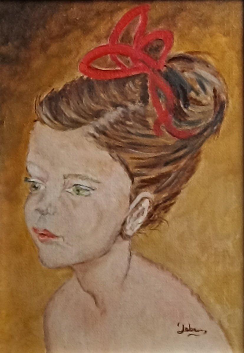 Impressionistic Portrait Oil Painting By Isabelle Lucas, 13 X 16, Girl With Red Ribbon, Original Artwork