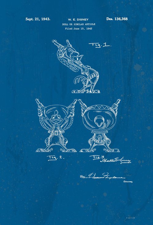 Disney Rooster character patent - Blue - circa 1943 by Marlene Watson