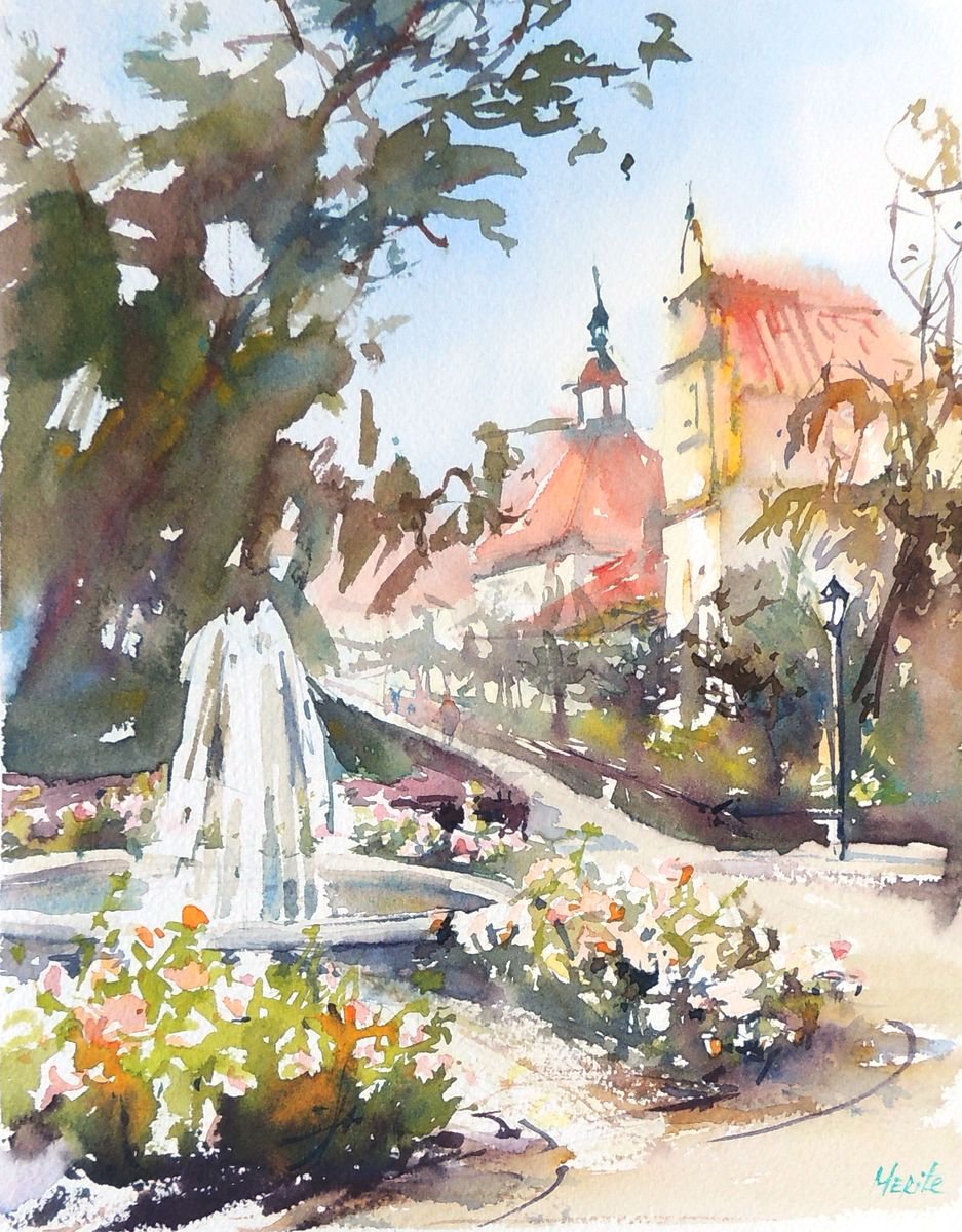 A fountain in Sopot by Merite Watercolour