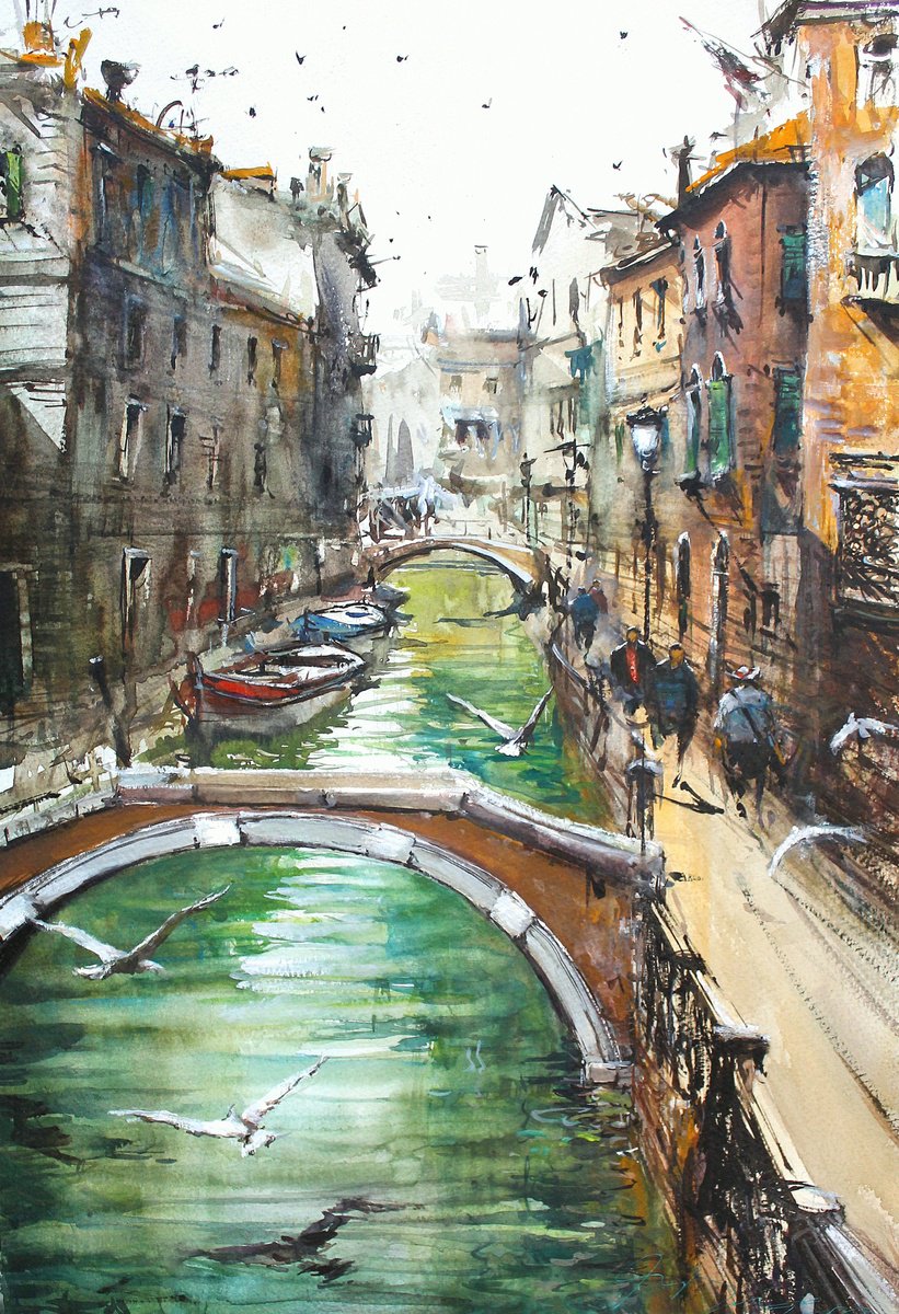Impressionistic Cityscapes Watercolour By Maximo Damico, 15 X 22", Narrow Little Canal, Original Artwork