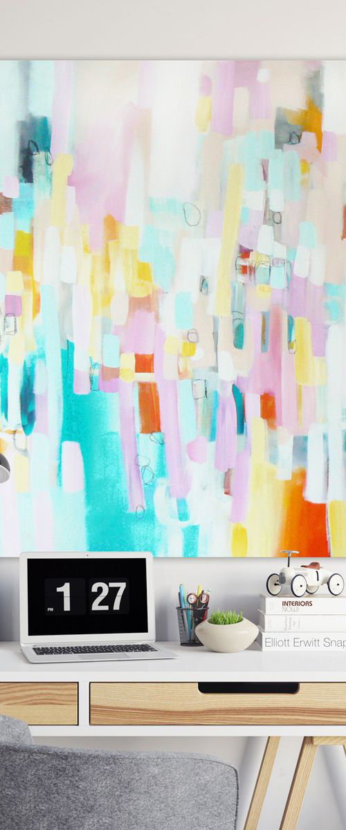 That was then (large square abstract painting, colourful and happy feeling) by Carolynne Coulson