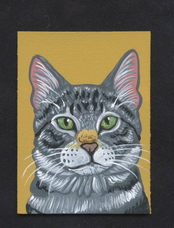 ACEO ATC Original Miniature Painting Gray Tabby Cat Pet Feline Art-Carla Smale