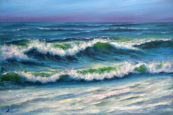 Waves Painting - Ocean Original Art California Artwork Seascape Wall Art Small Painting 12" by 8"