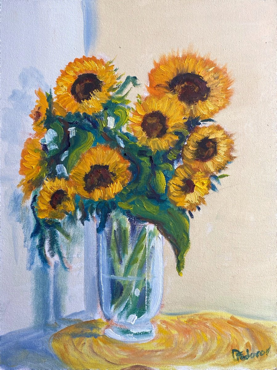 Impressionistic Botanical Oil Painting By Dmitry Fedorov, 12 X 16, Sunflowers In The Vase, Original Artwork