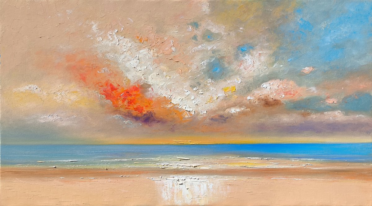 Impressionistic Landscape Oil Painting By Narek Qochunc, 35 X 20", Fire In The Sky, Original Artwork