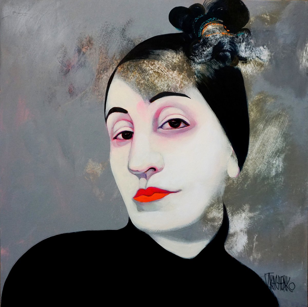 Organic Portrait Acrylic Painting By Victor Tkachenko, 22 X 22", No Permission Portrait, Original Artwork