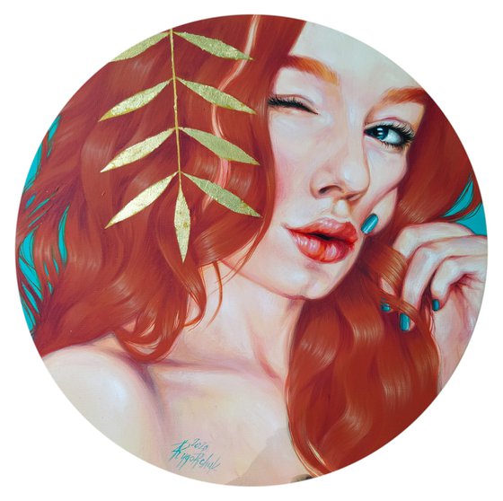 Original Artwork Woman Ginger Hair "Fiery Beauty" 24 in Round Frame Oil Acrylic Painting Sexiness Gold Art Portrait Romantic Pretty Red Hair