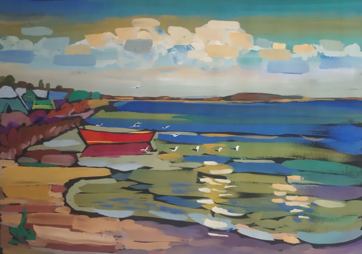 Impressionistic Landscape Painting By Valentina Kachina, 28 X 20", Red Boat, Original Artwork