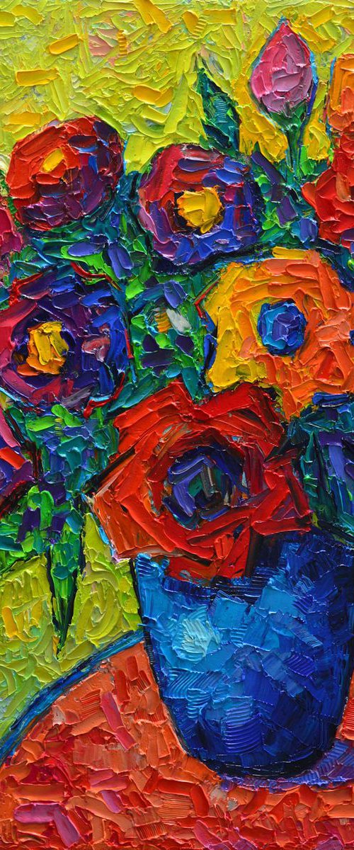 COLOURFUL WILD ROSES 10 - abstract floral art contemporary impressionist flowers impasto palette knife original oil painting by ANA MARIA EDULESCU