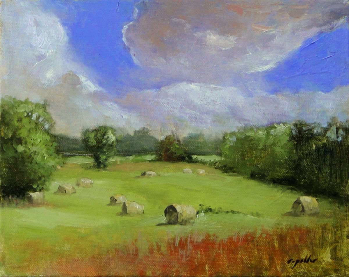 Impressionistic Landscape Oil Painting By Rick Paller, 10 X 8", Hay Bales In A Meadow, Original Artwork
