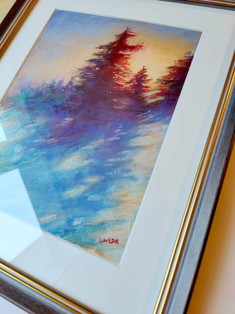 FRAMED: Winter Sunset | Original pastel painting (2017) Hand-painted Art Small Artist | Me... by Larisa Carli