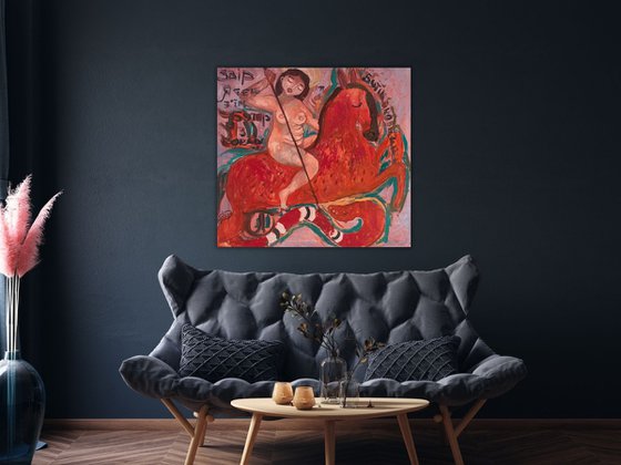 Nude Woman Naive Modern Art, canvas, oil - WARRIOR - 28x32in (80*75) cm