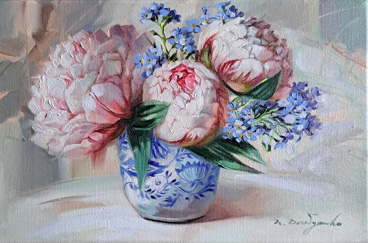 Peonies and forget-me-not by Nataly Derevyanko