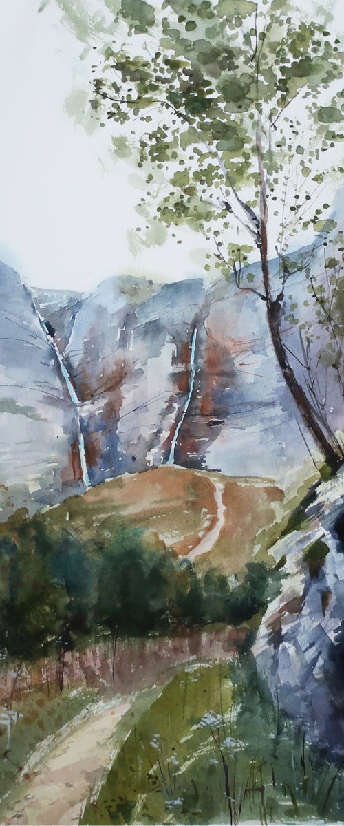 Watercolor painting Landscape In the mountains Waterfall by Anna Shchapova