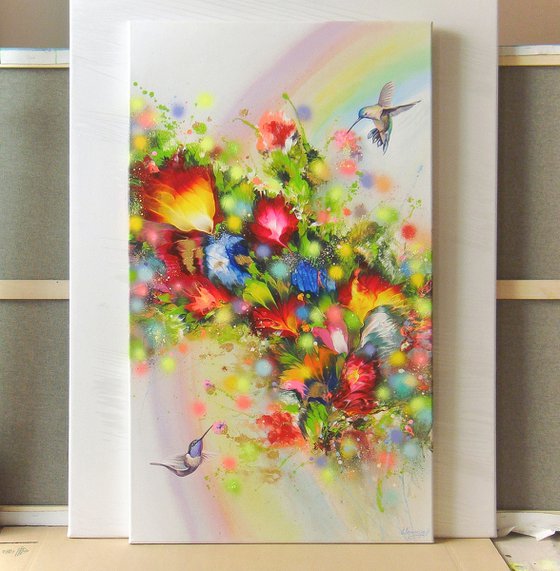 "Hummingbirds and Rainbow" LARGE painting