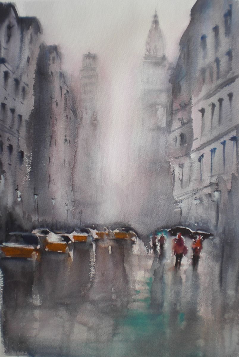 Impressionistic Cityscapes Watercolour By Giorgio Gosti, 13 X 20, Yellow Cabs In New York 6, Original Artwork