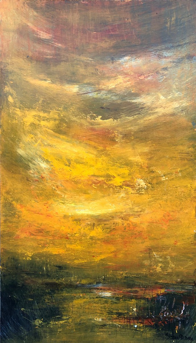 Impressionistic Landscape Oil Painting By Snezana Djordjevic, 13 X 24", Sunset, Original Artwork