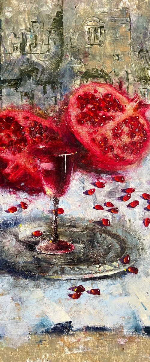 Red Pomegranates Wine Glass by Yulia Odukalets