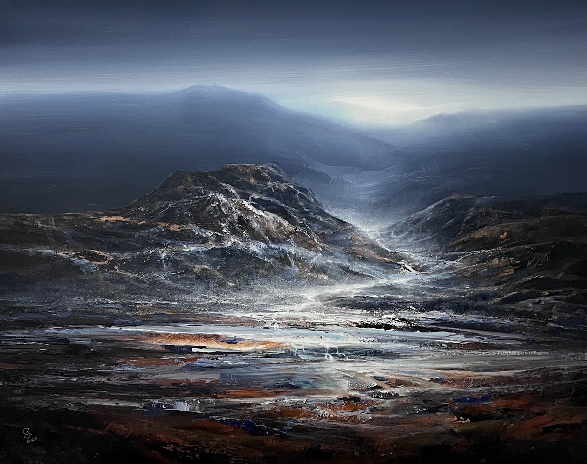 Abstract Landscape Oil Painting By Ivan Grozdanovski, 39 X 31, Agartha - Mountain Misty Stream, Original Artwork