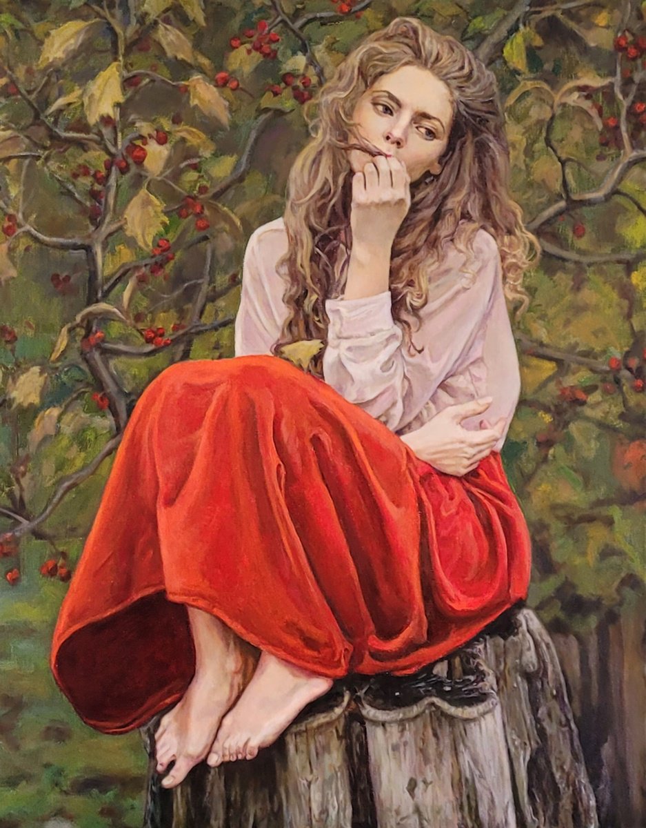 Photorealistic Portrait Oil Painting By Qi Debrah, 24 X 30", Red Berries, Original Artwork