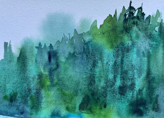 Mountain Watercolor Painting, Foggy Lake Original Artwork, Misty Forest Wall Art, Slovak Landscape Picture