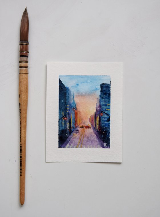 New York miniature watercolor painting, cityscape small original art