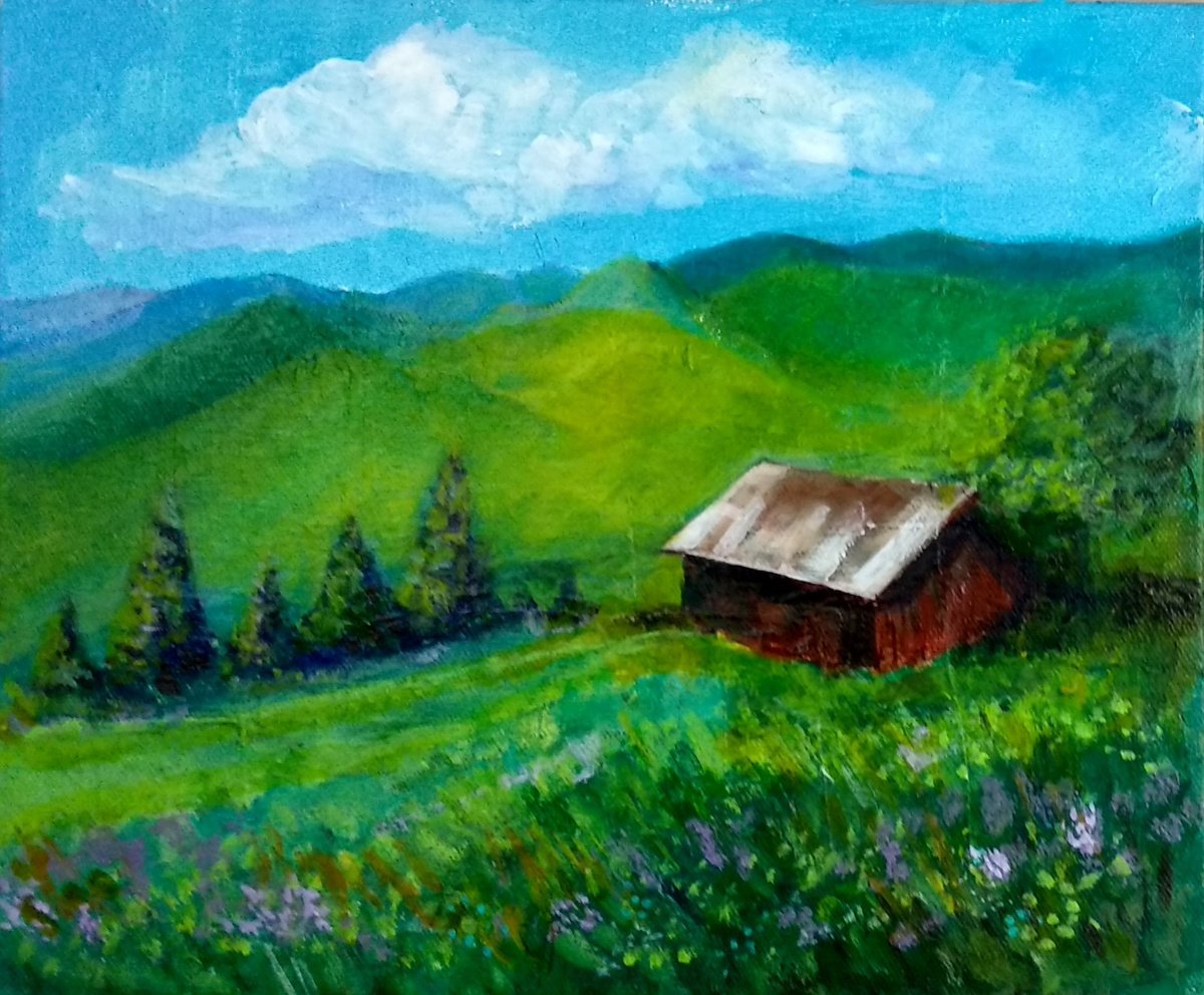 Impressionistic Landscape Acrylic Painting By Asha Shenoy, 12 X 10, Green Hills In Spring, Original Artwork