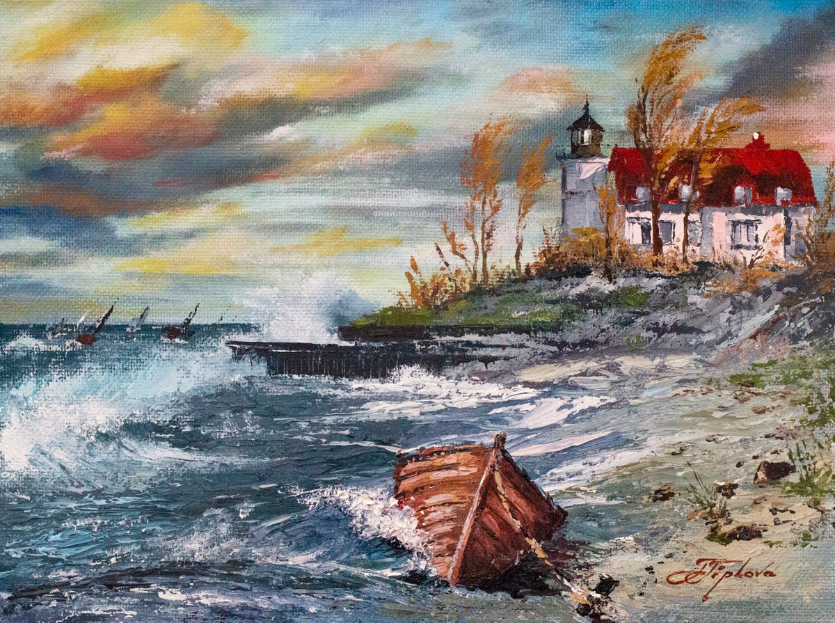 Impressionistic Landscape Oil Painting By Tetiana Tiplova, 16 X 12", The Lighthouse, Original Artwork