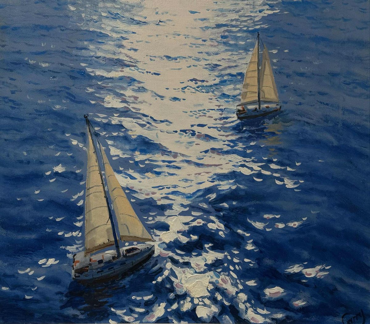 Impressionistic Landscape Oil Painting By Garry Arzumanyan, 17 X 15, Seascape With Sailboats 34, Original Artwork