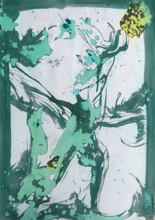 Green abstract drawing, 29x42 cm by Frederic Belaubre