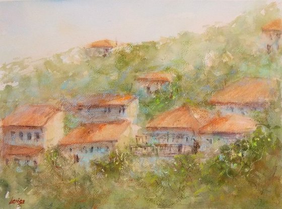 Small Lefkada village, Greece | Original watercolor painting with pastels