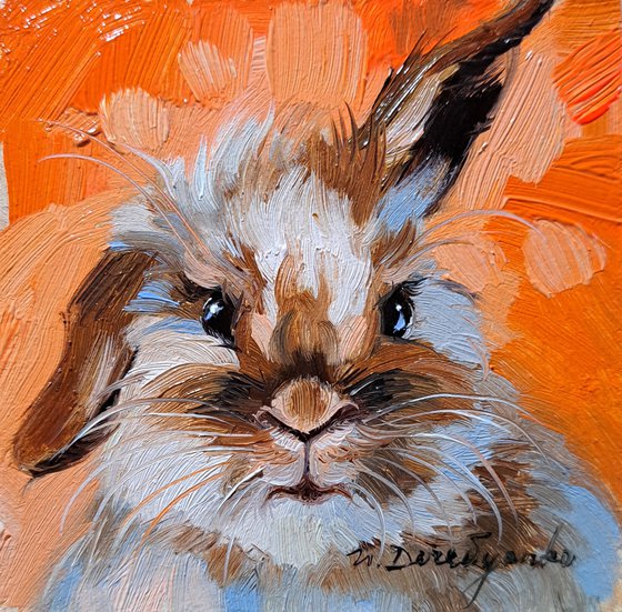 Bunny man painting original oil framed 4x4, Small framed art rabbit artwork orange background