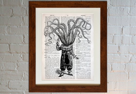 Octopus Astronomer - Collage Art Print on Large Real English Dictionary Vintage Book Page