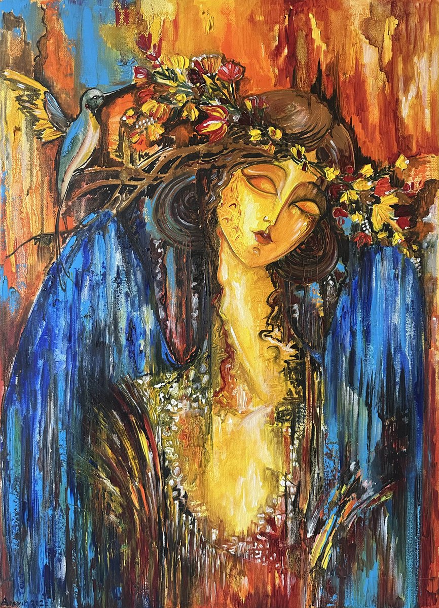 Abstract Portrait Oil Painting By Arevik Gasparyan, 20 X 28, Golden Silence, Original Artwork