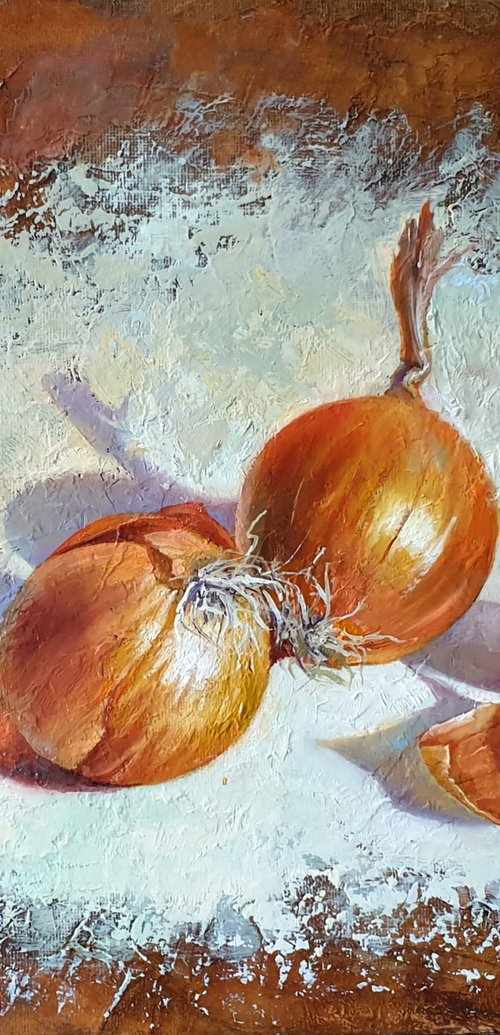 "Onion family."  Onion still life  liGHt original painting PALETTE KNIFE  GIFT (2020) by Anna Bessonova (Kotelnik)
