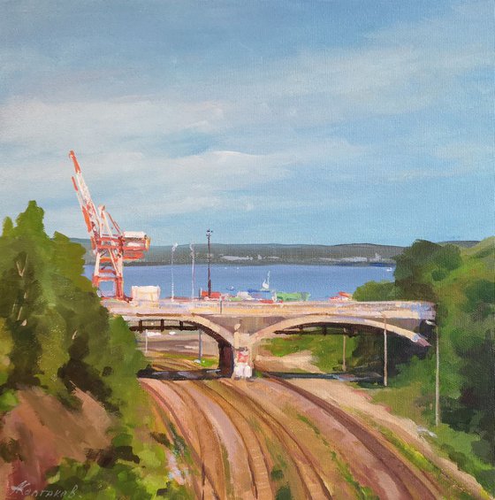 Bridges series #1, original, one of a kind acrylic on gallery-wrapped canvas impressionistic style urban landscape