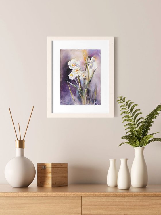 "White daffodils on purple"