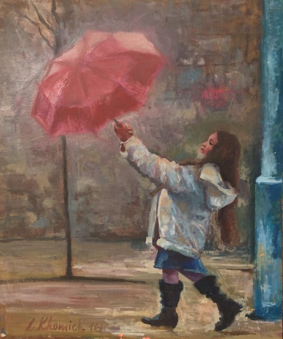 Little Girl and Umbrella Painting 28", Original oil painting Impression artwork, Handmade Art, Free shipping