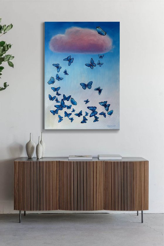"Butterfly flight to the cloud". Original oil painting XXL