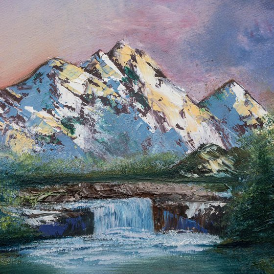 Rainbow in mountains - original mountain landscape oil art painting on stretched canvas