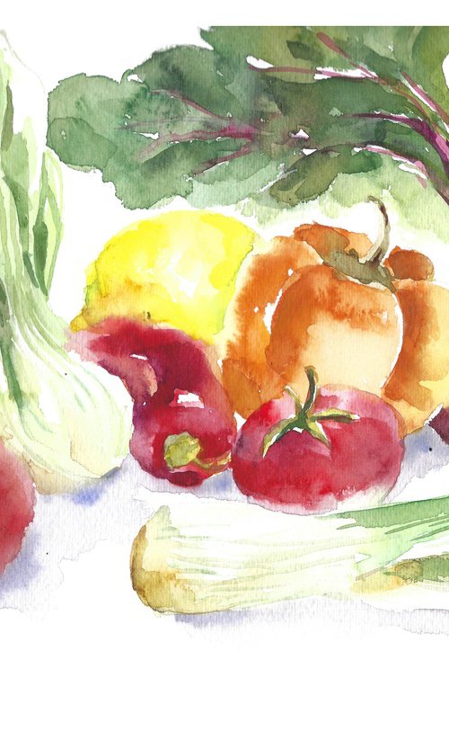 Vegetables fruit watercolor, lemon, beetroot, tomato, leek by Tanya Amos