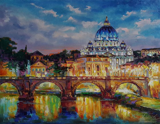 Painting Eternal City - Rome,  italy cityscape, Vatican, St. Angel's Bridge