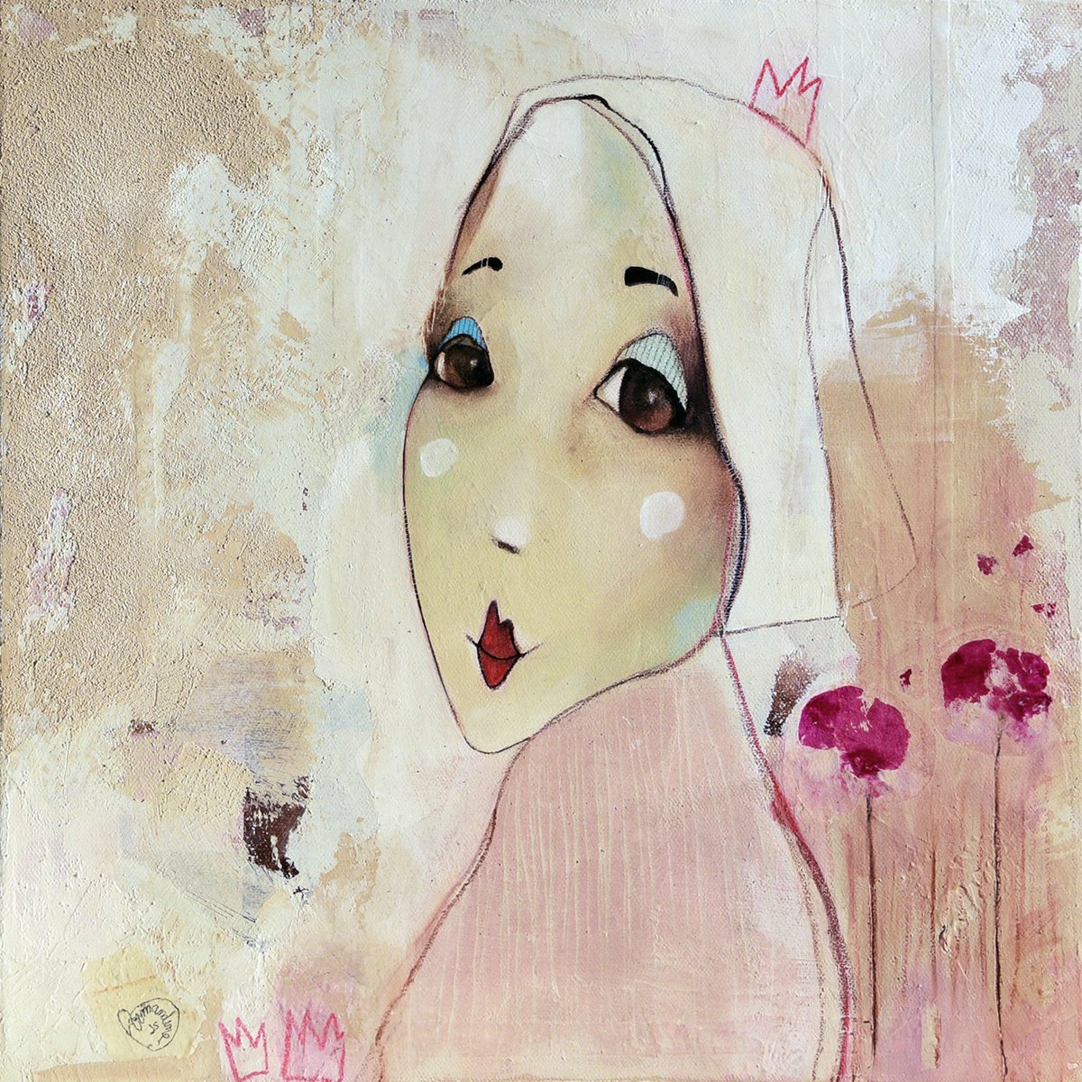 Naive Portrait Acrylic Painting By Armandine Js, 16 X 16, Reine, Original Artwork