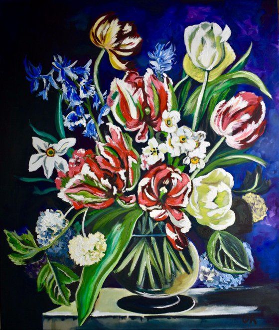 Bouquet of flowers.  Tulips, daffodils, bells in a vase.