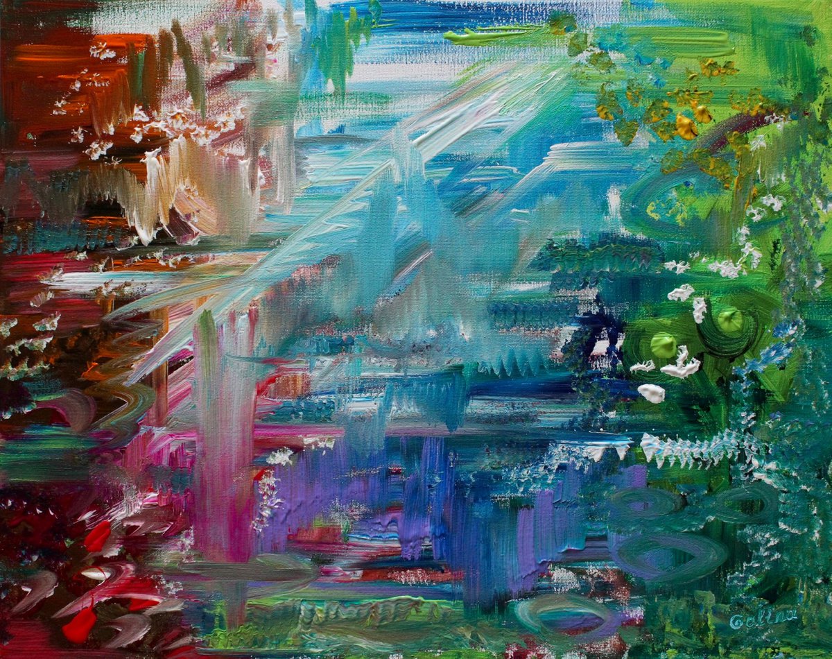Expressive Abstract Acrylic Painting By Galina Victoria, 20 X 16, Reflections About Nature, Original Artwork
